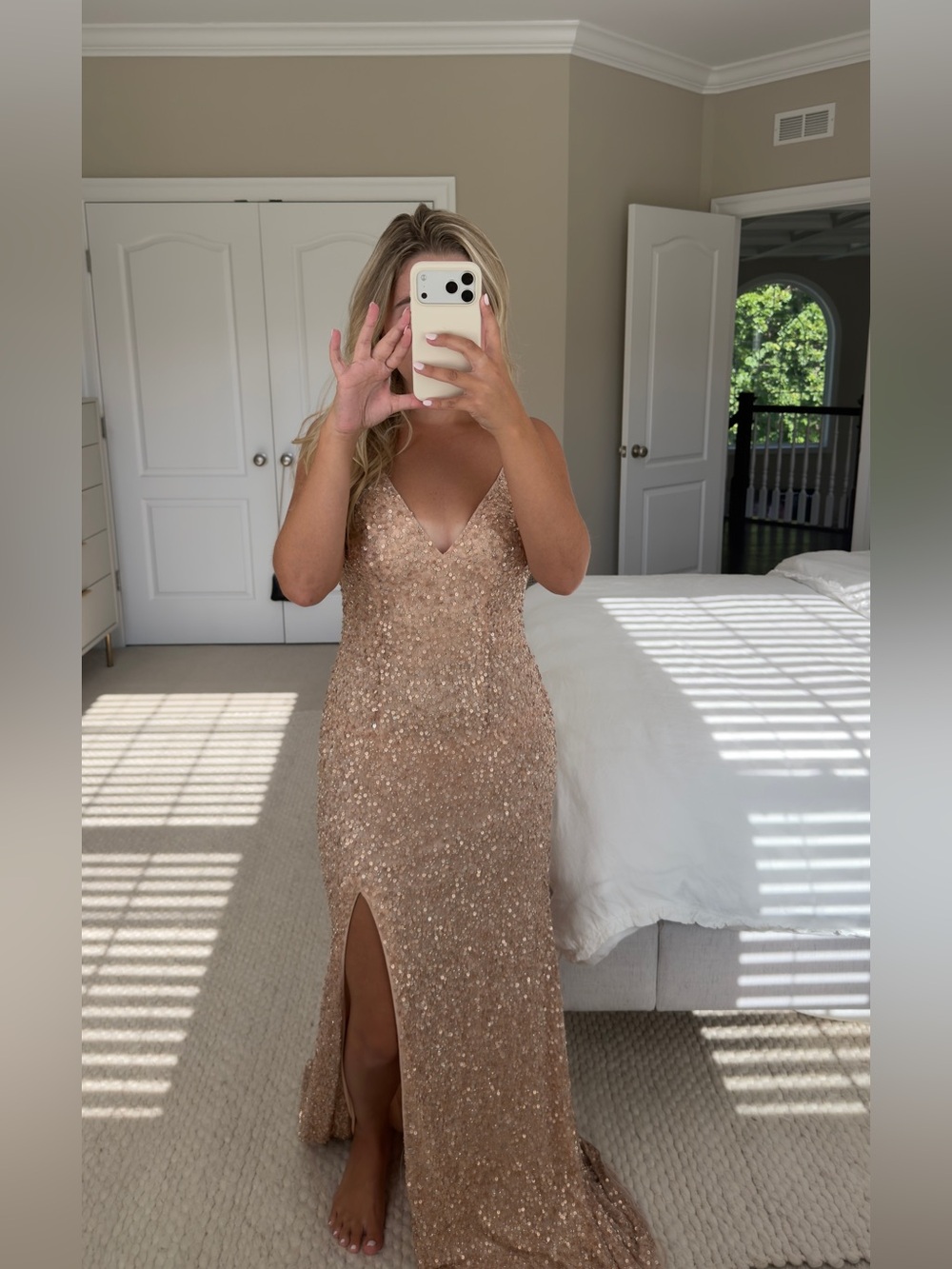 Mac Duggal Champagne Sequin V-Neck Prom Gown with Thigh Slit